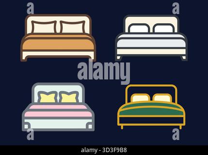 Set di icone vettoriali per letto matrimoniale e arredi per camera da letto Illustrazione Vettoriale