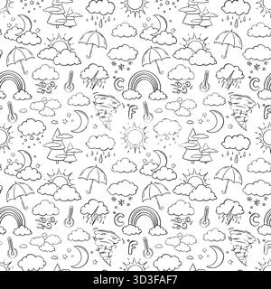 Icone meteo vettoriali di linea motivo continuo. Disegnato a mano con gesso. Sfondo del profilo. Illustrazione Doodle con temperatura, sole, pioggia, neve, nuvole Illustrazione Vettoriale