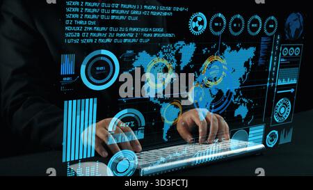 Una tastiera digitale pratica professionale interagisce con un'interfaccia di analisi avanzata dei dati che visualizza grafici, statistiche e una mappa del mondo per Foto Stock