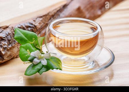 Tè verde al gelsomino in una tazza trasparente su un tavolo di legno Foto Stock