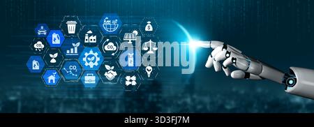 L'IA ha assistito pratiche aziendali sostenibili, innovazione verde, soluzioni ecocompatibili, azione per il clima e sostegno alle strategie di sostenibilità Foto Stock