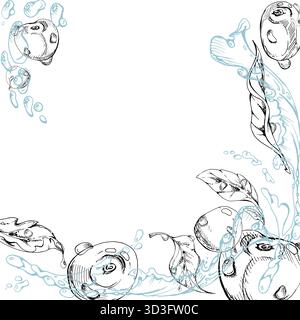 La dolce ciliegia acida che vola in acqua spruzza gocce, inchiostro vettoriale disegnato a mano, frutti di bosco maturi e foglie. Illustrazione del telaio quadrato isolato Illustrazione Vettoriale