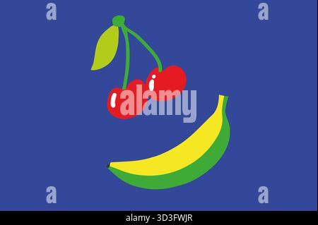 Un'illustrazione luminosa e divertente mostra due ciliegie rosse con foglie verdi accanto a una banana gialla su un vivace sfondo blu, che celebra la gioia di lui Foto Stock