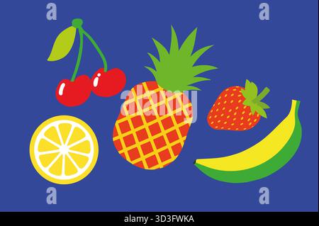Frutti vivaci e colorati, tra cui ciliegie, ananas, fragole, limone, e banana, sono splendidamente disposti su uno sfondo blu, celebrando la t Foto Stock