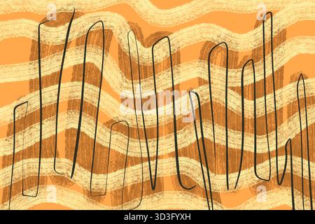 A dynamic abstract line art featuring curved black lines over a textured orange background with wavy beige patterns. This composition adds a modern to Foto Stock