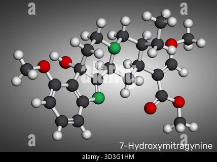 7-idrossimitraginolo alcaloide di kratom. Struttura chimica. Modello molecolare. Rendering 3D. Illustrazione Foto Stock