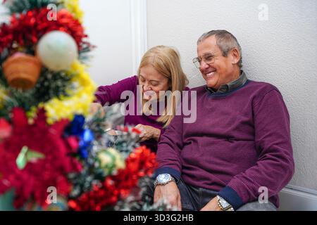 Una coppia felice e matura sorride mentre decora un albero di Natale. Le loro calde espressioni riflettono lo spirito festivo, mettendo in risalto la tradizione di fami Foto Stock