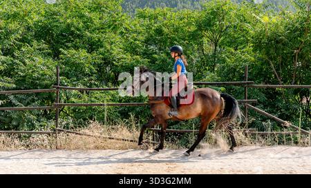 Una ragazza pratica l'equitazione in un'arena all'aperto, dimostrando abilità di allenamento equino. La scena cattura la connessione tra cavaliere e cavallo Foto Stock