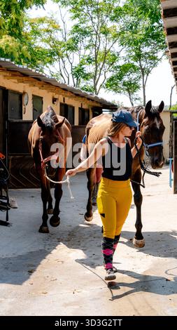Donna che organizza scuderie e si prende cura dei cavalli, guida due cavalli con le briglie in una giornata di sole, mostrando cura dei cavalli e una gestione stabile Foto Stock