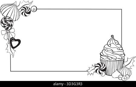 Illustrazione vettoriale. Cornice rettangolare decorata con dolci natalizi. I cupcake, i lecca-lecca, le meringhe, i frutti di bosco, le foglie di agrifoglio sono disegnati a mano con inchiostro Illustrazione Vettoriale