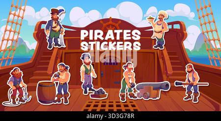 Personaggi dell'equipaggio della nave pirata sul ponte della barca a vela corsara. Confezione di adesivi vettoriali con capitano dei cartoni animati, cannoniere e cuoco, personaggi corsaro dei pirati di primo e falegname con spada, ancora e cannone Illustrazione Vettoriale