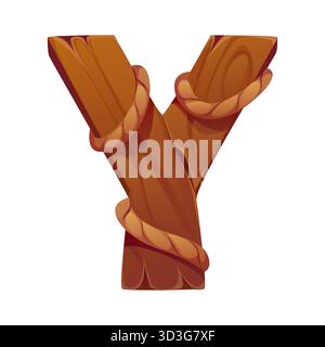 Caratteri pirati o caratteri cartoni animati corsari caraibici, alfabeto inglese vettoriale. Tavola di legno di nave o barca a vela con fune per caratteri pirati e caratteri corsaro lettera Y Illustrazione Vettoriale