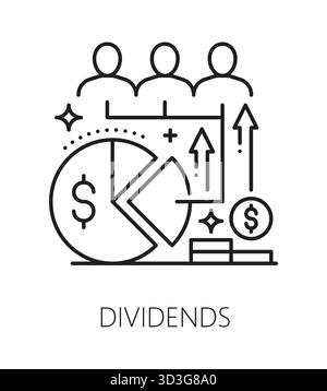Dividendi di investimento, icona della linea finanziaria o pittogramma. Icona vettoriale della società per investitori commerciali, simbolo del contorno dei dividendi di capitale. Pittogramma del fondo di investimento con diagramma delle parti dei dividendi degli azionisti Illustrazione Vettoriale