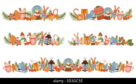 Set di confini natalizi con rami di abete, giocattoli, canna da zucchero, pan di zenzero, pupazzo di neve, pattini e mappamondo della neve. Decorazioni a fumetti piatte per il benvenuto Illustrazione Vettoriale