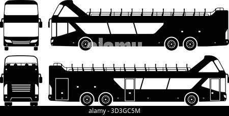 Silhouette dell'autobus Hop-On Hop-Off che mostrano la vista anteriore, laterale e posteriore. Semplice illustrazione vettoriale in stile silhouette per un facile utilizzo nei progetti di progettazione. Illustrazione Vettoriale