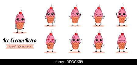 Simpatico set di gelati kawaii con ciliegia sopra Illustrazione Vettoriale