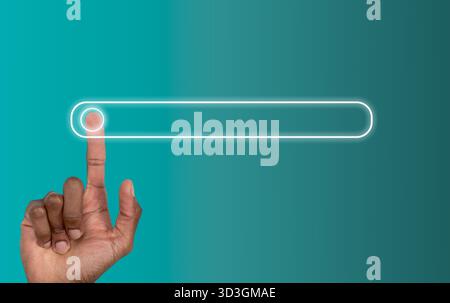 Mano che tocca la barra di ricerca olografica. Dito che mostra la connessione digitale e l'interfaccia futuristica con luce turchese brillante, schermo virtuale, online Foto Stock