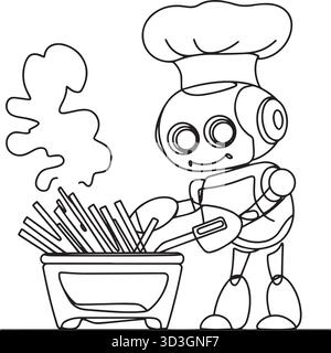 Robot futuristico che prepara gli alimenti in cucina utilizzando strumenti di cottura avanzati. Illustrazione Vettoriale