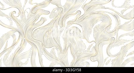 Elegante schema di linee dorate astratte vettoriali, topografia asiatica, montagne, fiumi, contorni naturali, design moderno di lusso. Sfondi, sfondi Illustrazione Vettoriale