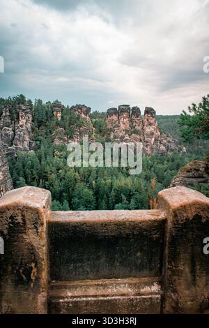 Il Bastei in Germania. Formazioni rocciose di forme interessanti situate tra la foresta di conifere. Foto Stock