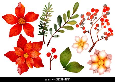 Set natalizio con acquerello. Piante botaniche, fiori, rami di abete, bacche e decorazioni natalizie. Per l'arredamento di Capodanno e di Natale. Foto Stock