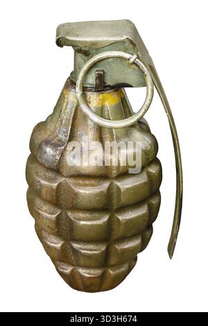 Antica granata a due mani isolata della Guerra Mondiale, isolata su sfondo bianco Foto Stock