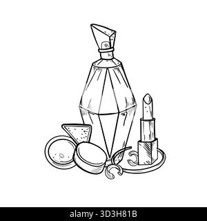 Prodotti di bellezza Make Up bianco e nero vettoriale dipinto per donne. Bottiglia di profumo e linea cosmetica art. Disegno monocromatico per il regalo del salone di bellezza Illustrazione Vettoriale