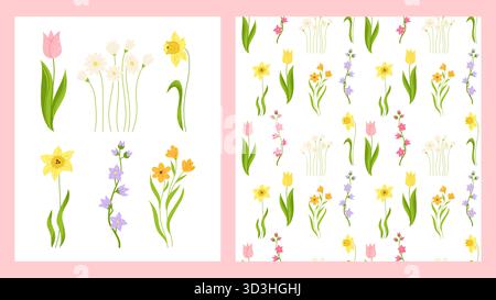 Motivo floreale senza cuciture e set di delicati fiori testurizzati. Fioritura floreale vintage primaverile sfondo alla moda senza confini. Design senza fine con narcisi in tulipano camomilla per modello di sfondo per avvolgitore a stampa Illustrazione Vettoriale