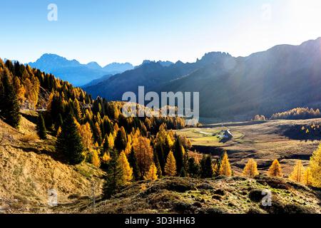 Splendido paesaggio dal passo alpino Valle nelle dolomiti in italia, spettacolare fogliame autunnale, larici dorati e montagne sul retro Foto Stock
