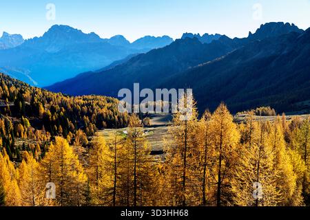 Splendido paesaggio dal passo alpino Valle nelle dolomiti in italia, spettacolare fogliame autunnale, larici dorati e montagne sul retro Foto Stock