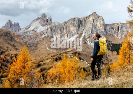 Escursionista che trekking verso il Col de la Puina attraverso un paesaggio autunnale, circondato da panorami montani mozzafiato e colori autunnali vibranti nelle Dolomiti italiane Foto Stock