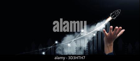 Un supporto per le mani e lanciare un razzo, avvio, con grafico a barre, freccia in salita e linea in aumento. Crescita, crescita, crescita della finanza, successo, imprenditorialità Foto Stock