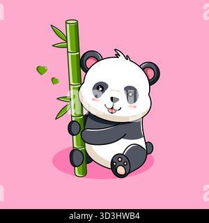 Carino Cartoon Panda che abbraccia il bambù con l'illustrazione vettoriale di cuori Design del cartone animato Illustrazione Vettoriale