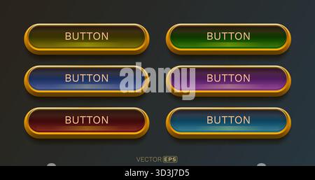 Set di pulsanti Web lucidi con cornici dorate in vari colori vivaci, ideale per la progettazione dell'interfaccia utente. Illustrazione vettoriale. Illustrazione Vettoriale