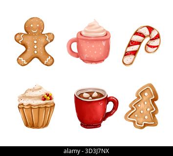 Illustrazione con dolci prelibatezze natalizie: Biscotti al pan di zenzero, cacao, caramelle a righe, torta. Foto Stock