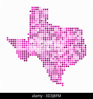 Mappa tratteggiata del Texas. Mappa digitale dello stato su sfondo bianco. Forma texana con punti circolari. Stile puntini colorati. Cerchi di grandi dimensioni. Illustrazione Vettoriale