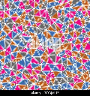 Sfondo astratto con forme triangolari a mosaico. Forme solide arrotondate nei telai. Dimensioni compatte del triangolo. Stile a più colori. Modello ripetibile. Illustrazione Vettoriale