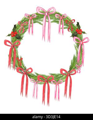 Illustrazione di una corona natalizia fatta di rami di abete con fiocchi rosa e rossi alla moda. Lettering che dice buon Natale. Foto Stock