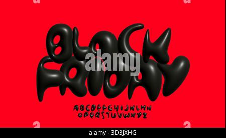 Logo nero a forma di bolla 3D alfabeto gonfiabile lucido Black friday tipografia giocosa con palloncino, lettere blot arrotondate per poster promozionali e-commerce Illustrazione Vettoriale