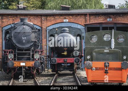 Jaworzyna slaska, Polonia - Agosto 2018 : vecchio in disuso treno retrò locomotive e carrozze sul lato le tracce in deposito al Museo dell Industria una Foto Stock