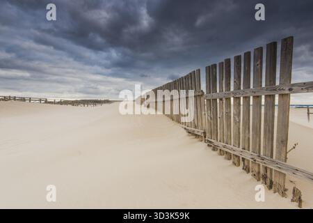 Recinzione di legno sulle dune e spiaggia in caso di tempesta a Tarifa, Spagna Foto Stock