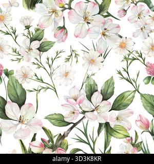 Acquerello senza cuciture con fiori bianchi e rosa, margherita, foglie verdi e delicati rami primaverili. Sfondo bianco floreale disegnato a mano isolato su bianco, perfetto per tessuto e design. Foto Stock