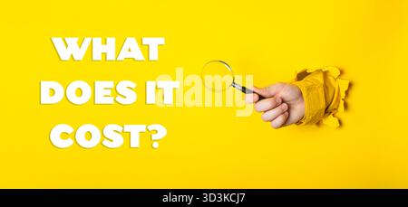 Mano che tiene una lente d'ingrandimento su uno sfondo giallo con le parole quanto costa riportate di seguito Foto Stock