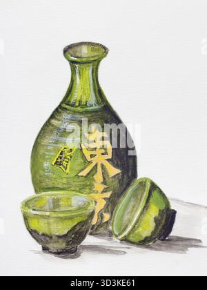 Vino di riso giapponese - concetto di sake. Bottiglia di argilla e tazze per un drink. Illustrazione di pittura acrilica fatta a mano STILL Life su sfondo artistico di carta bianca Foto Stock