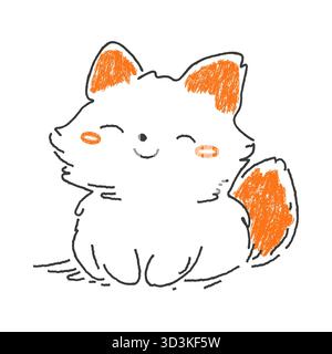 Adorabile volpe kawaii. Schizzo di un animale a carbone disegnato a mano. Cute Happy foxy, elemento di design infantile vettoriale doodle Illustrazione Vettoriale