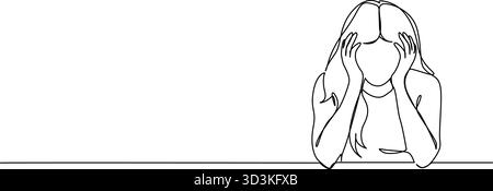 disegno continuo di una giovane donna preoccupata, volto sepolto nelle mani, illustrazione vettoriale di line art Illustrazione Vettoriale
