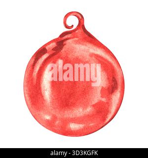Decorazioni rosse sull'albero di Natale, dipinte a mano con acquerelli. Palla dell'albero di Natale. Adatto per la stampa, la progettazione, l'imballaggio, le carte, la pubblicità, e b Foto Stock
