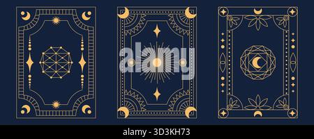 Set di disegni dorati celesti, esoterici e sacri con tarocchi vettoriali a geometria sacra su sfondo blu scuro per temi spirituali. Vect modificabile Illustrazione Vettoriale