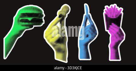 Un kit collage a mano con adesivi per un hamburger di pollo e patatine fritte con uno stile pop art retrò. Illustrazione Vettoriale