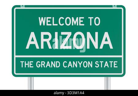 Benvenuto in Arizona, segnale stradale verde. Rendering 3D isolato su sfondo bianco Foto Stock
